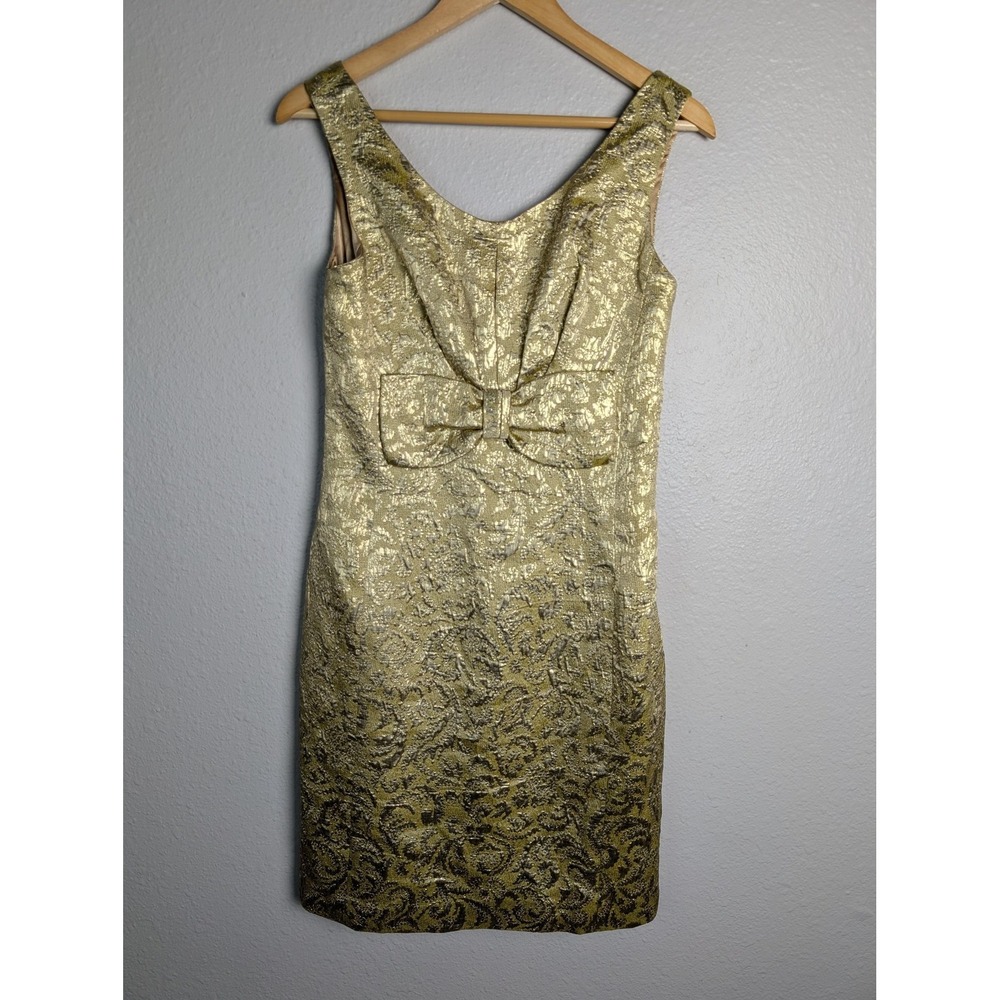 Vintage James Coviello Dress Womens 6 Gold Knee Length Sheath Scoop Neck Bow